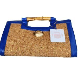 Diana E Kelly CORK GLITTER Handbag Blue Trim Golden Football Bamboo Handle NWT